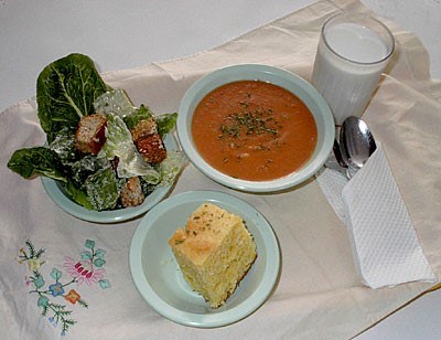 A Sunset Daycare lunch: Caesar salad, soup, corn bread and milk