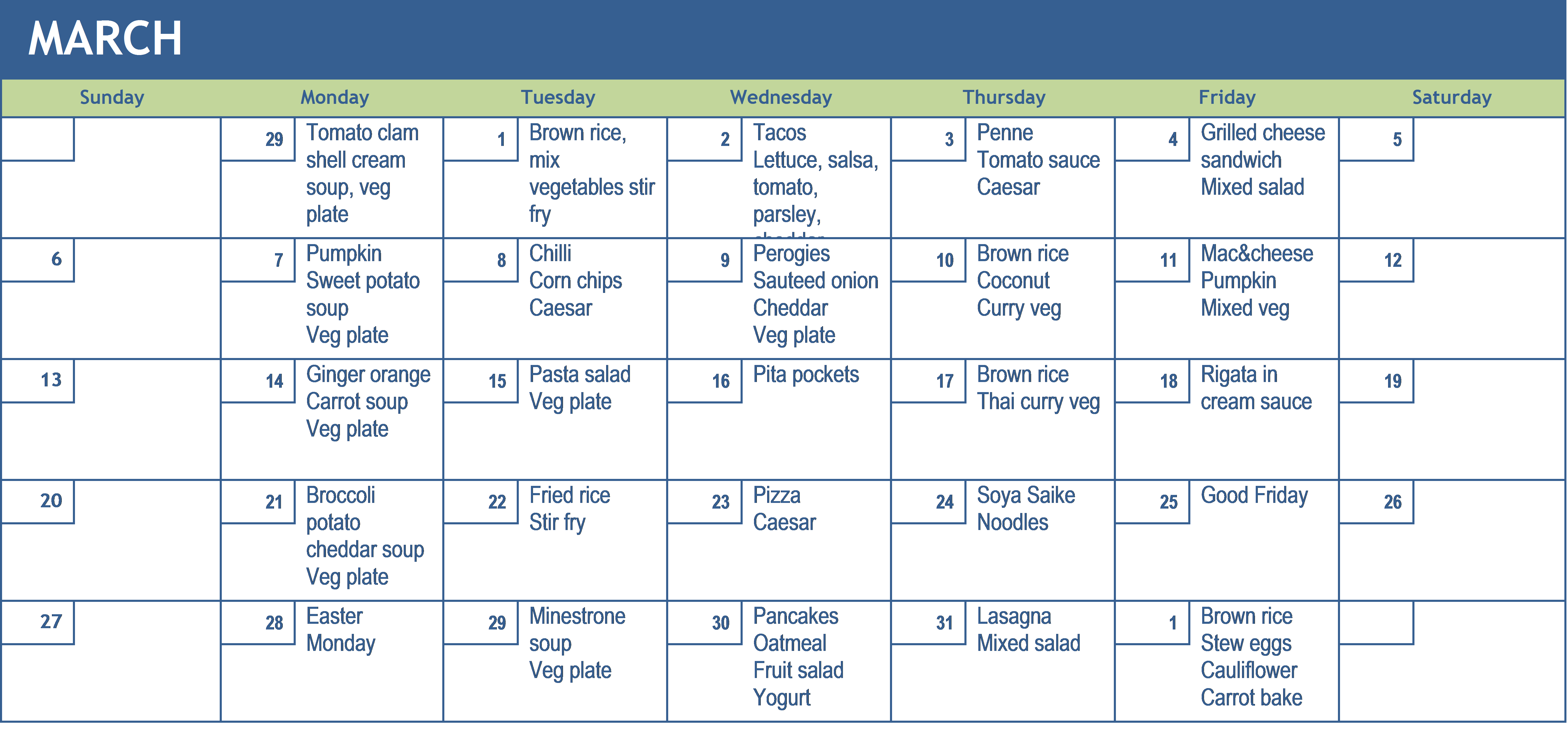 March 2016 lunch menu